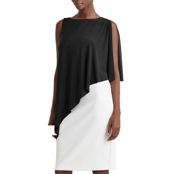 Ralph Lauren Colorblock Mini Dress in Black Minimalist Asymmetrical Cape - Picture 2 of 11